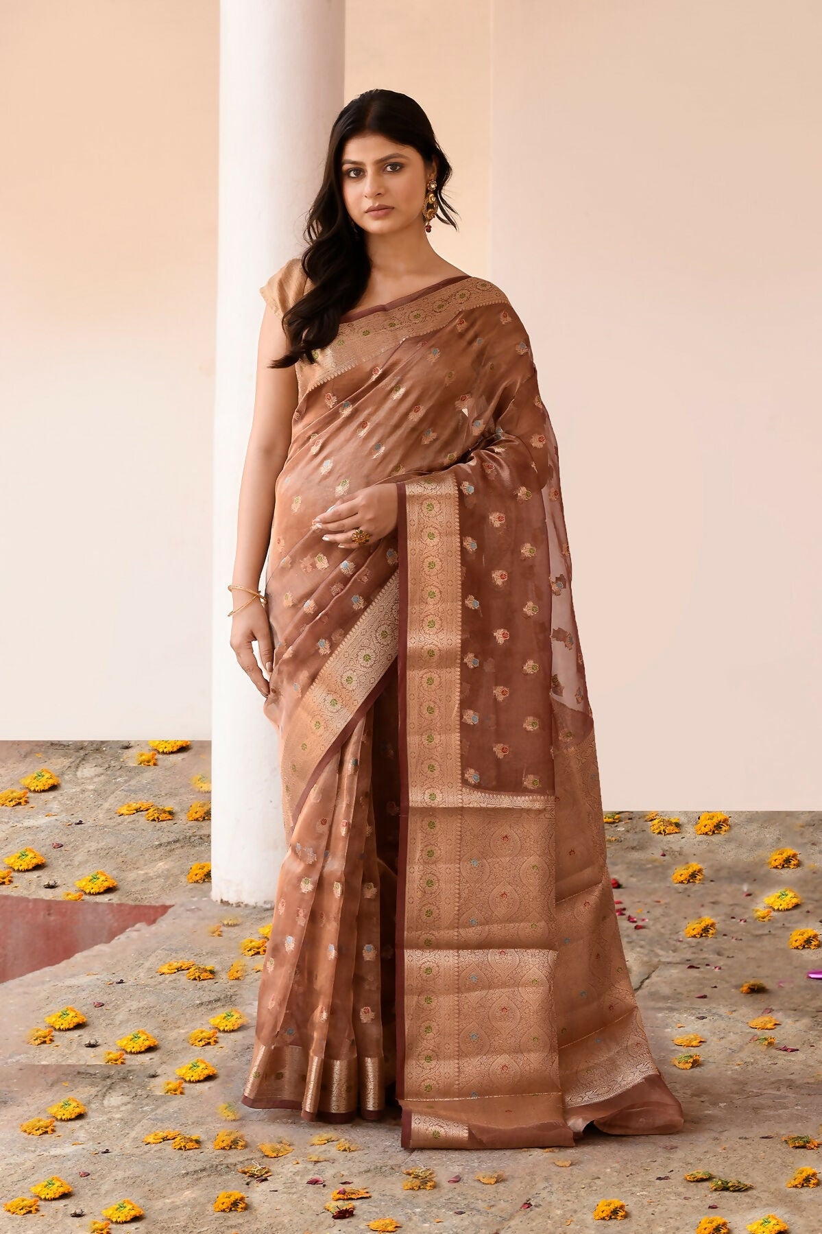 Joban Fashion Copper Pure Banarasi Tissue Saree