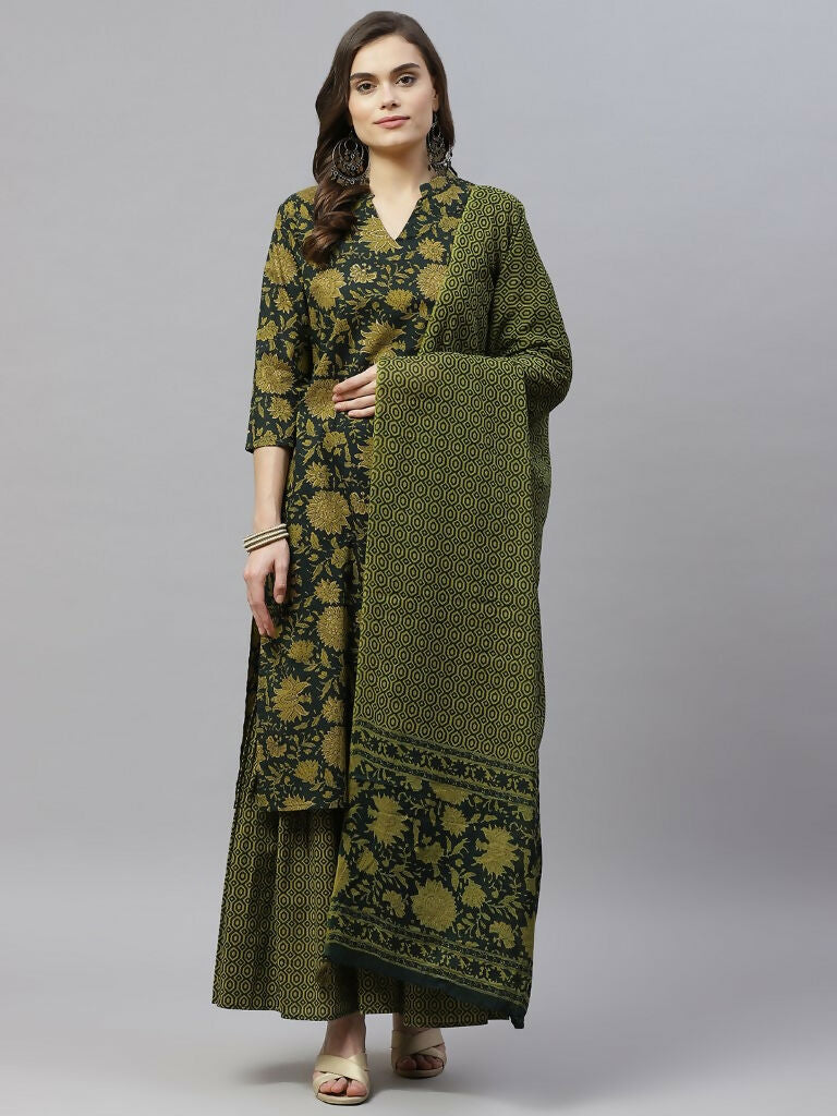 Miravan Women's Cotton Floral Straight Kurta & Sharara With Dupatta Set