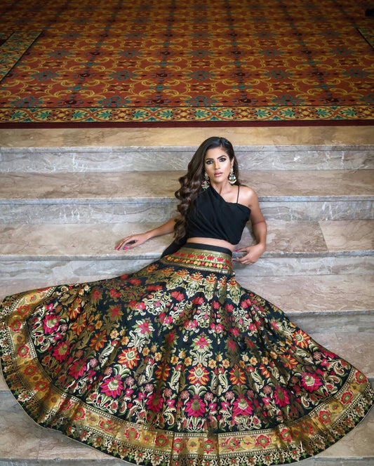 Black Banarasi Silk Lehenga Choli for Women, Ready to Wear Stitched Lengha Choli for Party by Infinity Export
