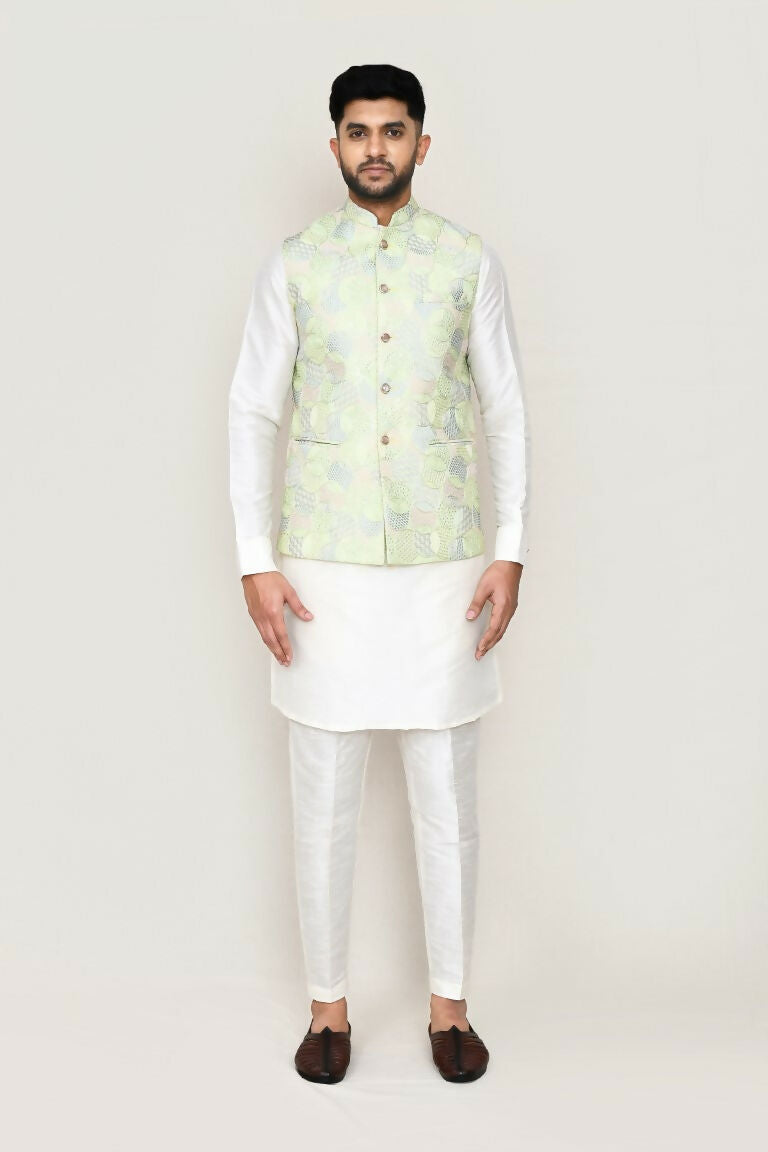 Joban Fashion White Colored Art Silk Fabric Kurta, Jacket With Straight Fit Pant