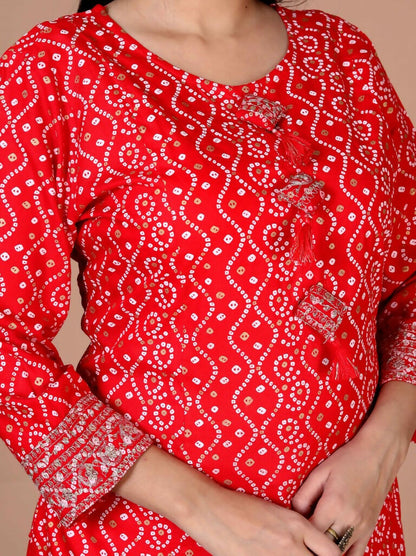 Miravan Women's Festive Wear Red Bandhani Printed Straight Kurta