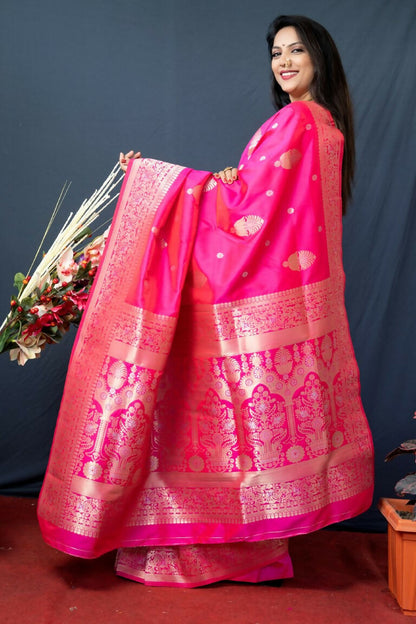 Jyoti Fashion Women's Pink Paithani Silk Zari Woven Saree with Blouse