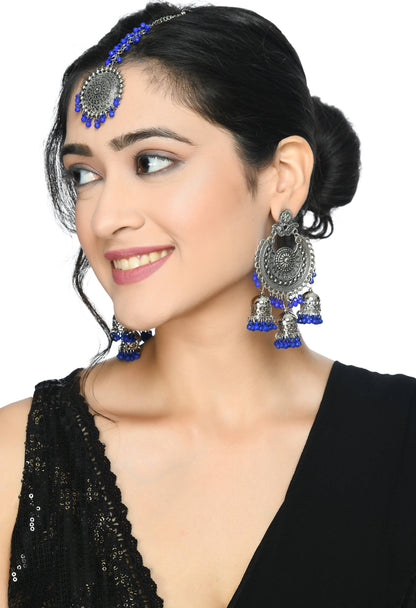 Mominos Fashion Johar Kamal Silver Jhumkas With Maang Tikka Earrings