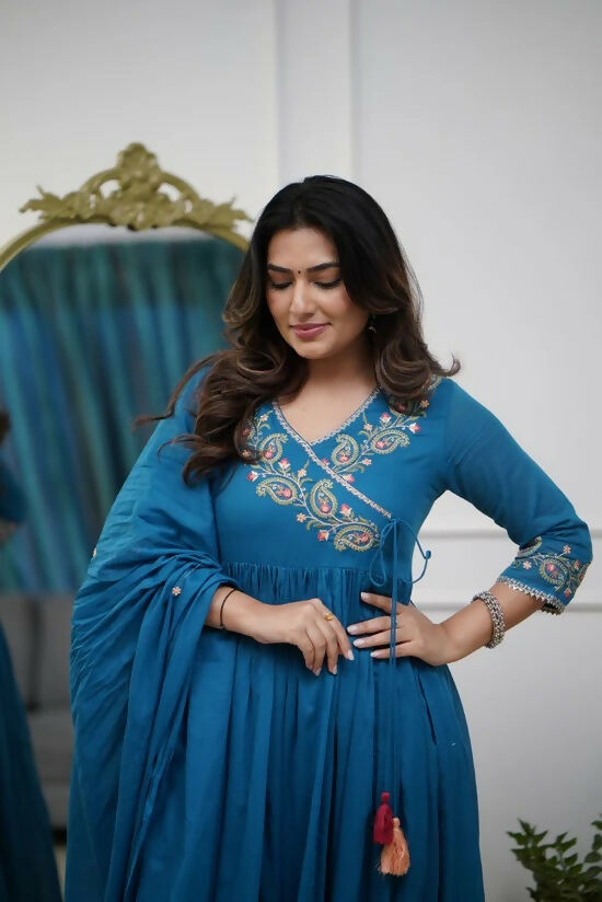 The52 Petrol Women's Beautiful Parampara Fabric Embroidered Work Flared Kurta Pant and Dupatta Set