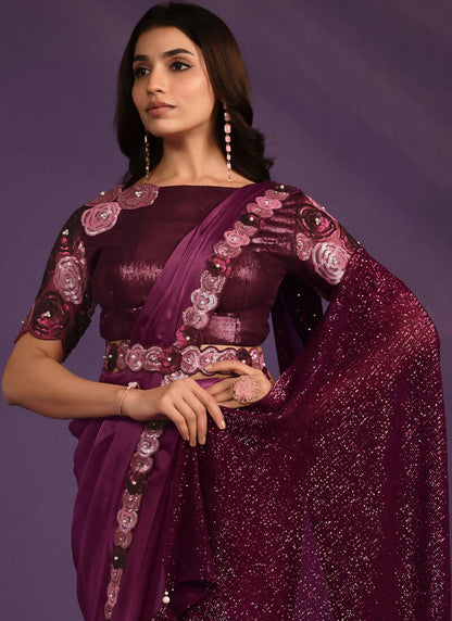 Purple Crepe Satin Silk Embroidered Saree With Stitched Blouse - Mohmanthan Exotica