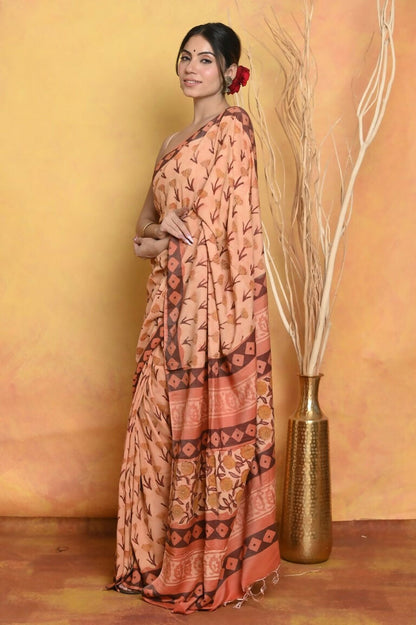 Very Much Indian Designer Modal Silk Saree With With Beautiful Floral Print - Light Orange
