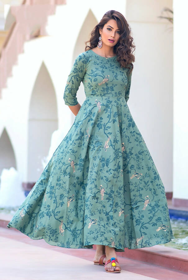 Partywear Designer Light Aqua Pure Maslin Gown - Anbazaar