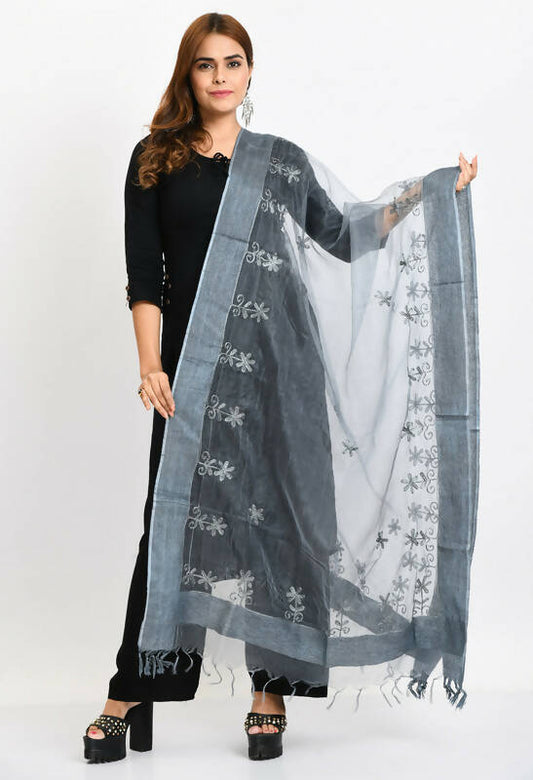 Mominos Fashion Moeza Women's Orgenza All Over Chikan Work Grey Dupatta