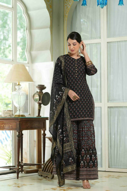 Juniper Black Georgette Festive Floral Print Straight Tunic-Sharara For Women