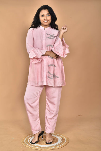 Morchari Women Hand Embroidery Co-Ords-Pink