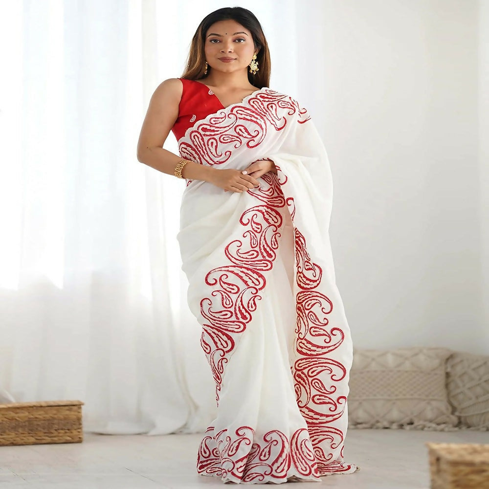 Joban Fashion Silk Blend Off White & Red Saree
