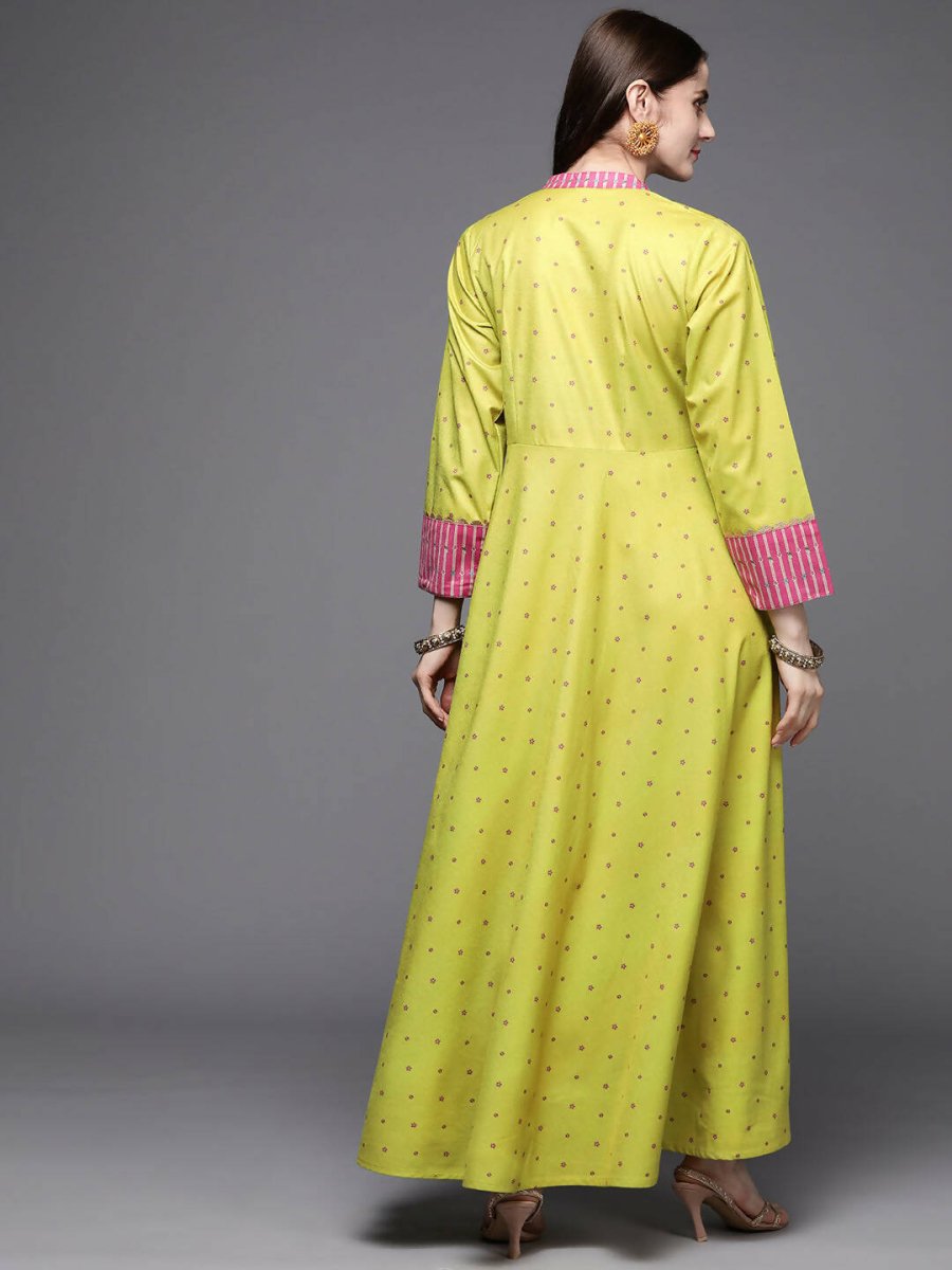 Ahalyaa Women Lime Yellow & Pink Printed Pleated A-Line Maxi Ethnic Dress