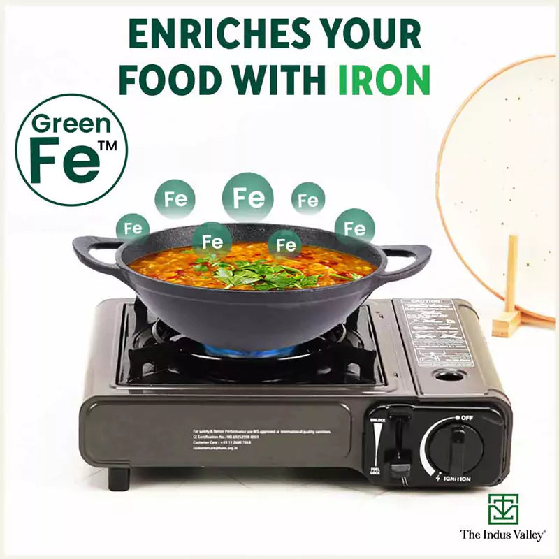 The Indus Valley CASTrong Cast Iron Kadai, Pre-seasoned, Nonstick, 100% Pure, Toxin-free, Spatula, 25.2cm, 2.2L, 2.37kg