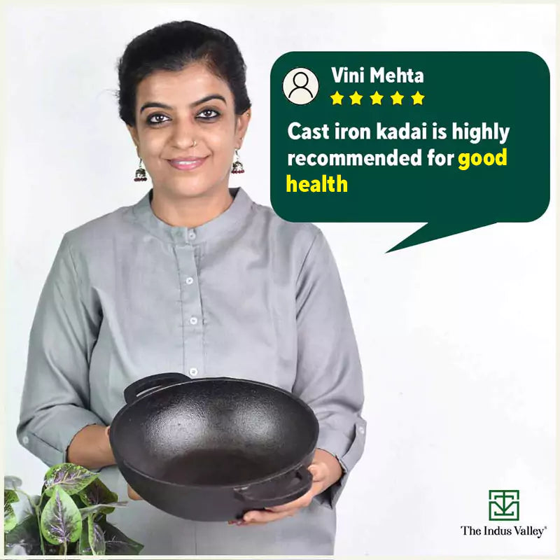 The Indus Valley CASTrong Cast Iron Kadai ,Pre-seasoned, Nonstick, 100% Pure, Toxin-free, Induction, Spatula, 25.4 cm, 2.3L, 2.5kg