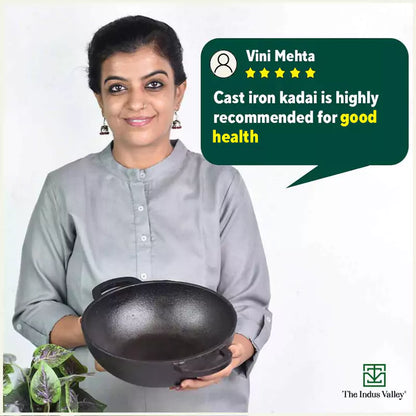 The Indus Valley CASTrong Cast Iron Kadai ,Pre-seasoned, Nonstick, 100% Pure, Toxin-free, Induction, Spatula, 25.4 cm, 2.3L, 2.5kg