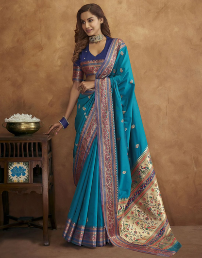 Vastranavya Blue Soft Paithani Silk Saree With Gold Zari Weaving Motifs With Matching Blouse Fabric