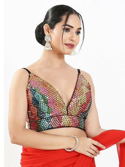 Joban Fashion Black Multi Sequin Padded Blouse With V Neck Sleeveless