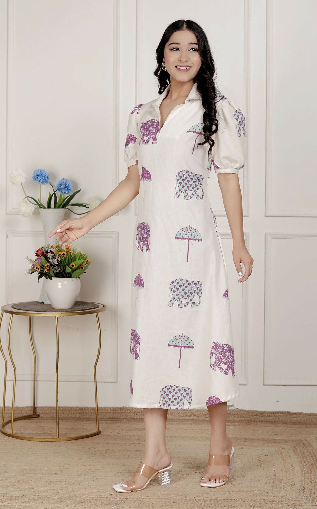 Miravan Womens Flex Cotton Short Sleeve Off White Animal Print A-Line Maxi Dress