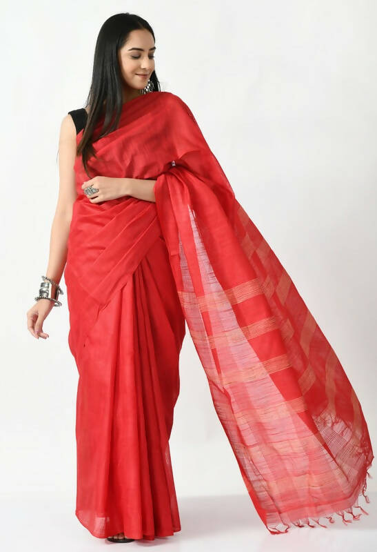 Mominos Fashion Moeza Red Bhagalpuri Handloom 8 Line Ghichha Silk Saree with unstitched Blouse piece