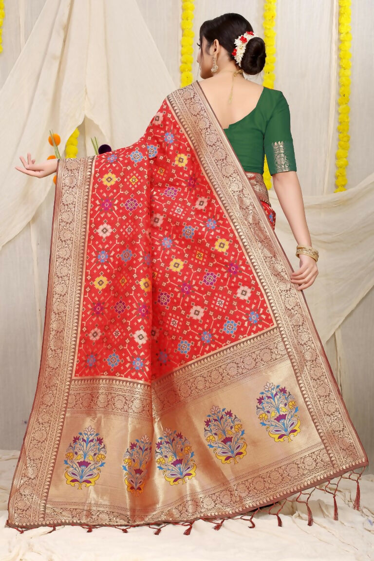 Jyoti Fashion Women's Red Patola Silk Zari Woven Saree with Blouse
