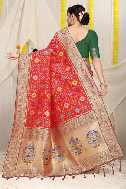 Jyoti Fashion Women's Red Patola Silk Zari Woven Saree with Blouse