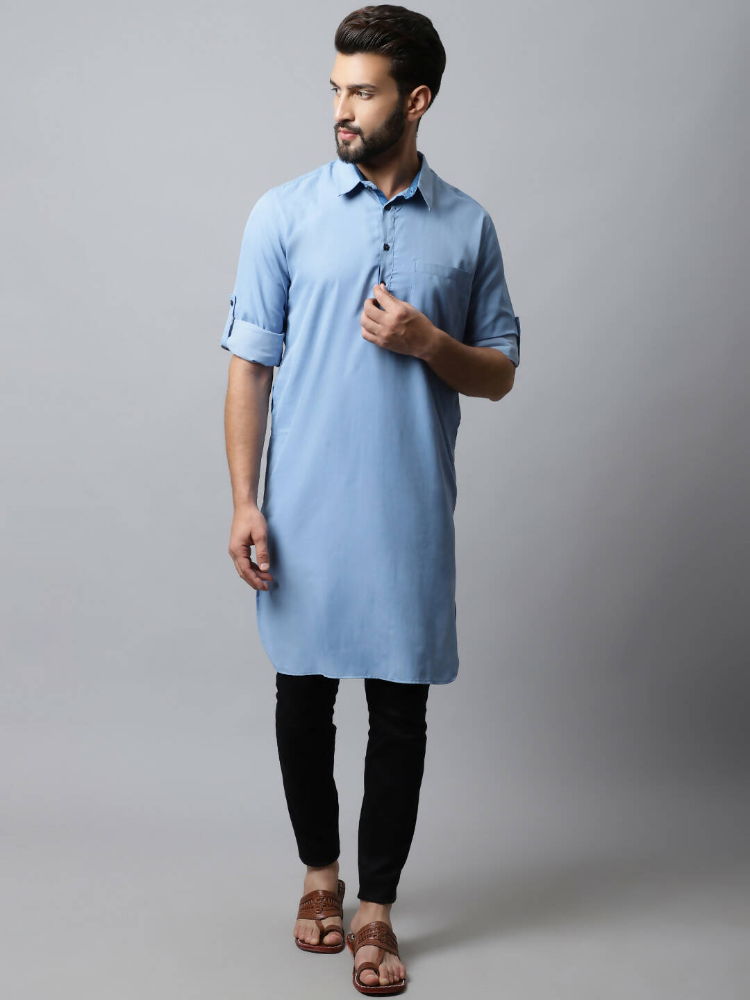 Even Apparels sky Blue Color Pure Cotton Solid Men's Kurta With Shirt Collar (MMS503)