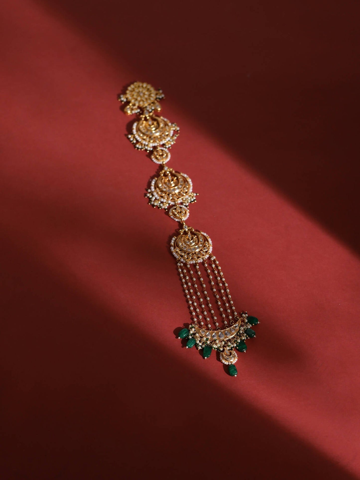 Gold-Polished Green Kundan Stone-Studded Head Chain - Ruby Raang