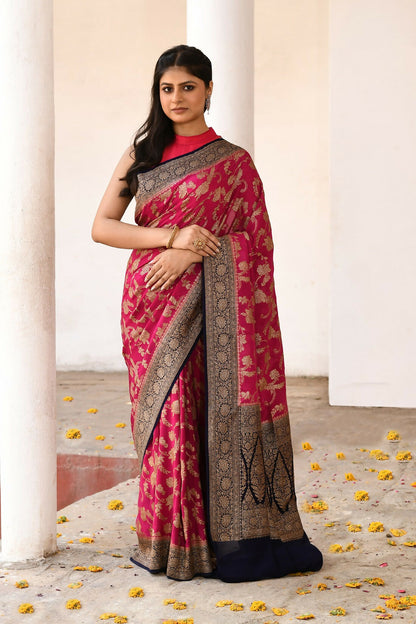Joban Fashion Hot Pink Crepe Chiffon Pure Handloom Banarasi Silk Saree