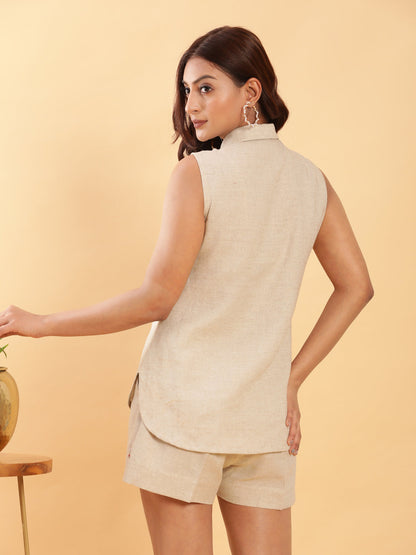 BohoJazz Khaki Linen Tailored Shorts with Sleeveless Collared Top Co-ord Set
