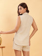 BohoJazz Khaki Linen Tailored Shorts with Sleeveless Collared Top Co-ord Set