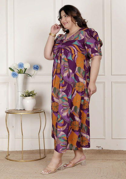 Miravan Womens Plus Size Floral Print Puff Sleeve Pure Cotton Magenta Butterfly Maxi Dress