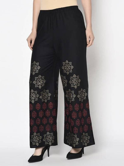 Aniyah Rayon Black Color Block Print Flared Slip-On Palazzo (AN-188K)
