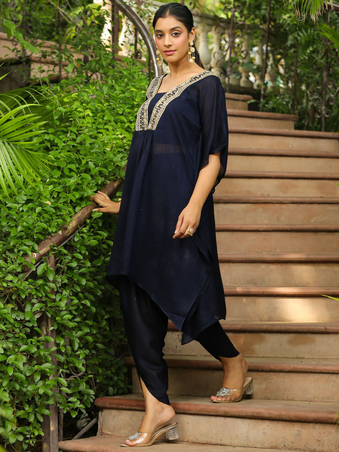 Janasya Navy Blue Silk Blend Yoke Embroidery Co-Ords