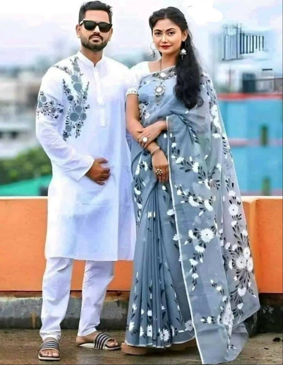 Exclusive Collection Elegant Hand Printing Designe On Pure Cotton Saree And Men's Kurta - Ash