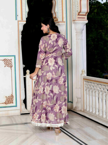 Miravan Women's Purple Flower Printed With Beautiful Lace Border Details Anarkali Kurta