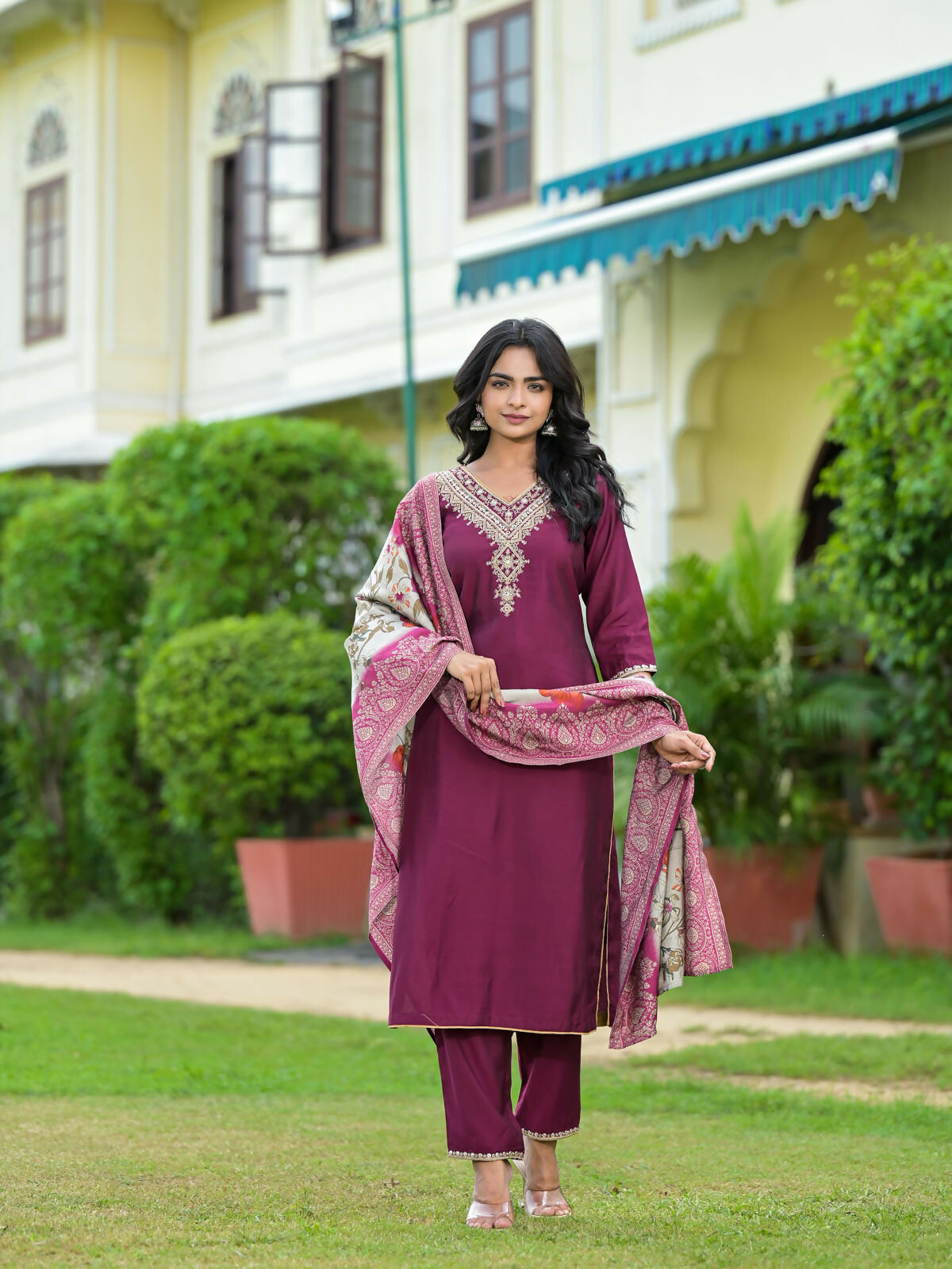 Juniper Women's Wine Solid Viscose Kurta Pant With Dupatta Set With Zari & Mirror Embroidery