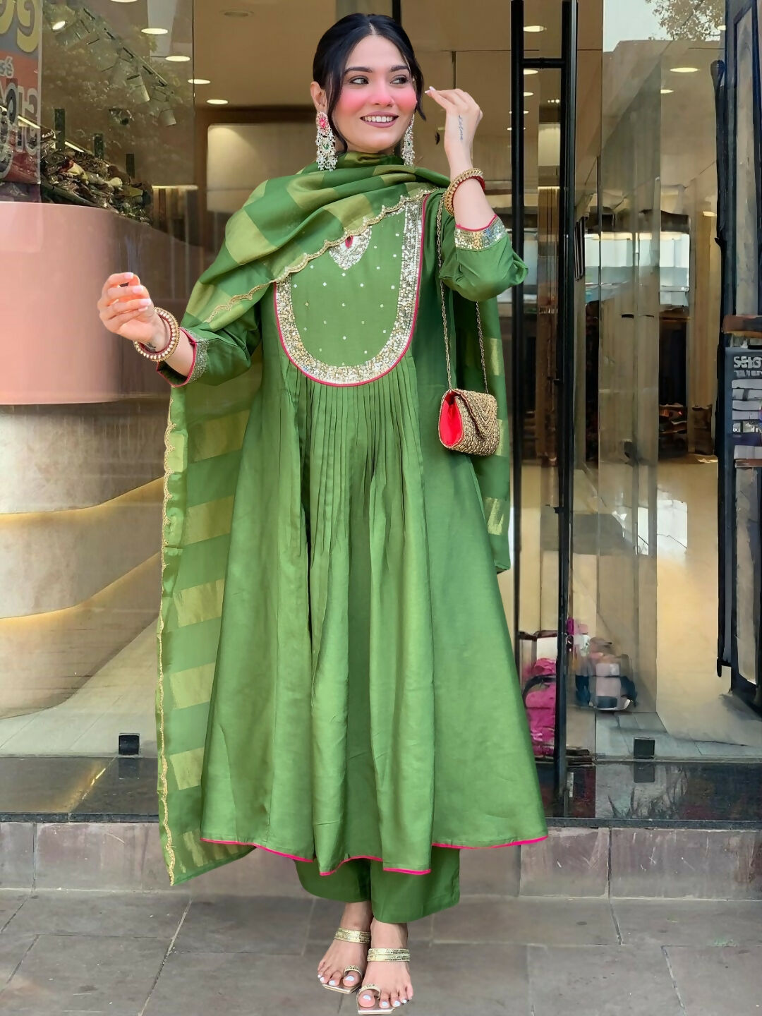 The52 Light Green Women's Gorgeous Embroidered Work Chanderi Fabric Flared Kurta Pant and Dupatta Set