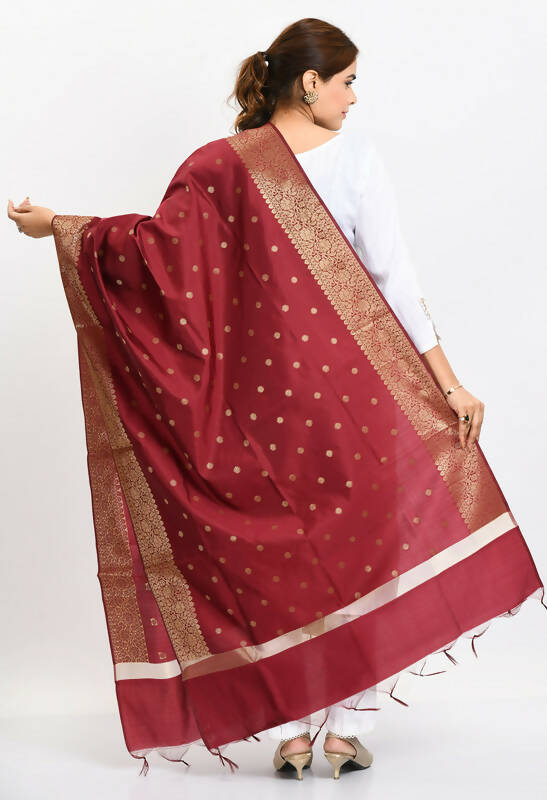 Mominos Fashion Moeza Women's Banarsi Silk Woven Design Maroon Dupatta