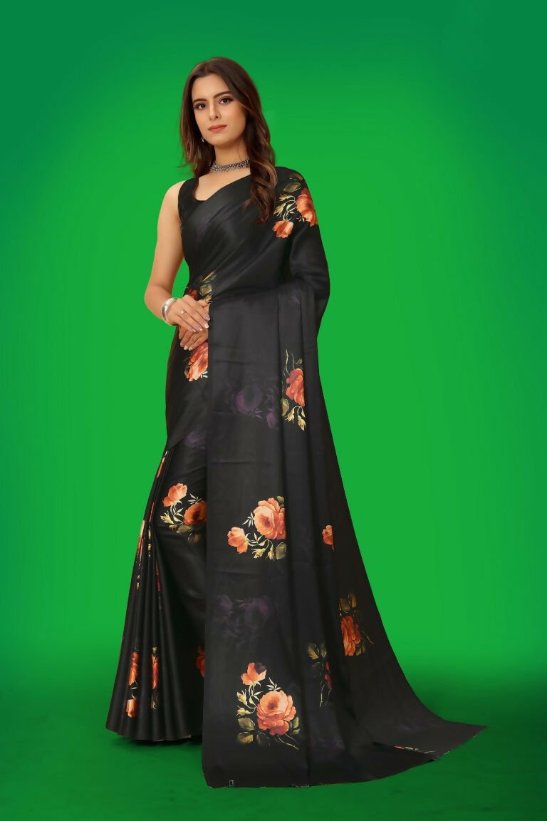 Aayaa Designer Printed Satin Saree - Multi Color