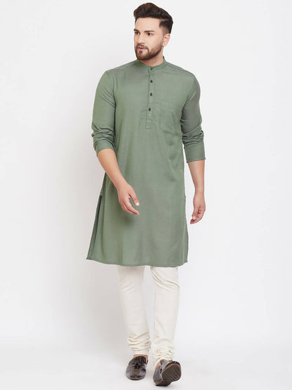 Even Apparels Green Color Linen Linen Men's Kurta With Band Collar
