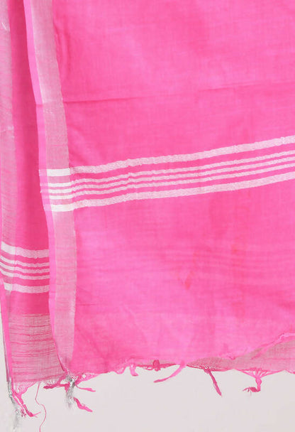 Mominos Fashion Moeza Women's Linen Cotton Silver Border Dark Pink Dupatta