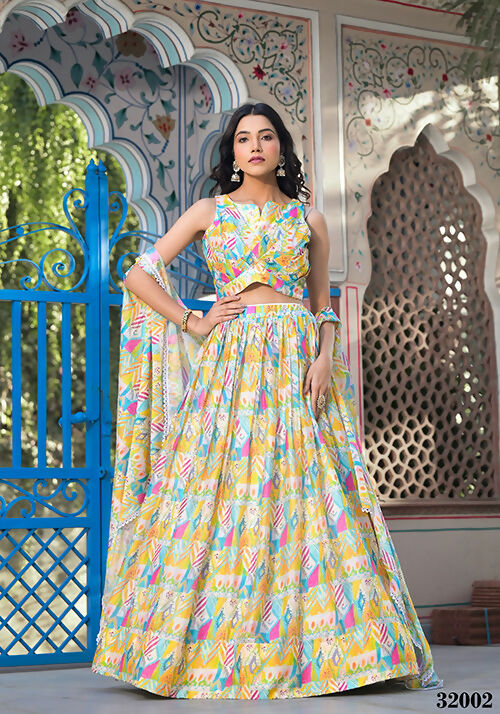 Wedding Partywear Yellow Slim Georgette Lehenga Choli with Shrug- Shehnaaz