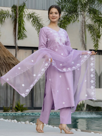 The52 Lavender Women's Beautiful Thread work Rayon Fabric with Straight Kurta, Pant and Dupatta Set