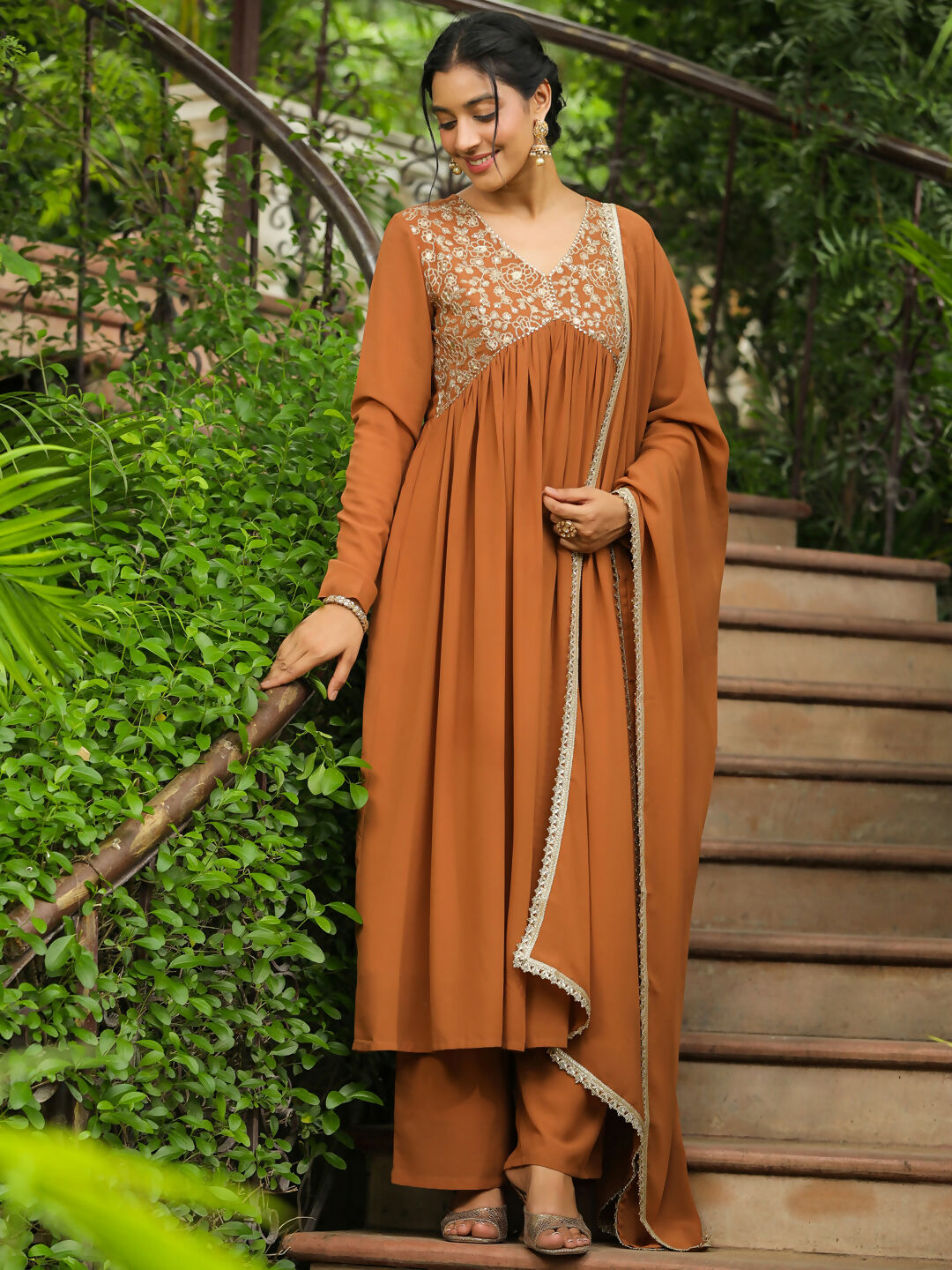 Janasya Brown Georgette Yoke Embroidery Kurta,Bottom & Dupatta
