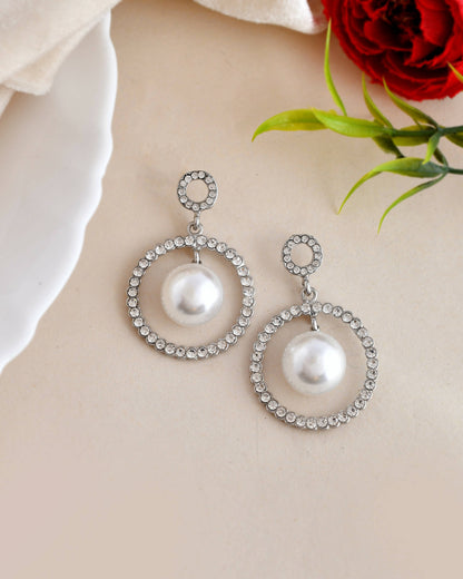 VOJ Women Sliver-Plated Pearl Stainless Steel Circular Studs Earrings