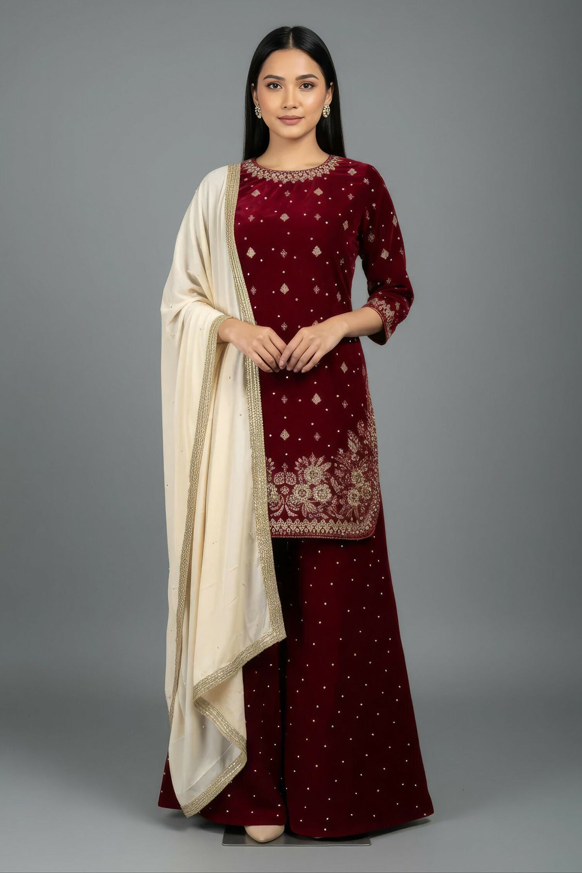Joban Fashion Deep Maroon Velvet Embroidery Kurta Set