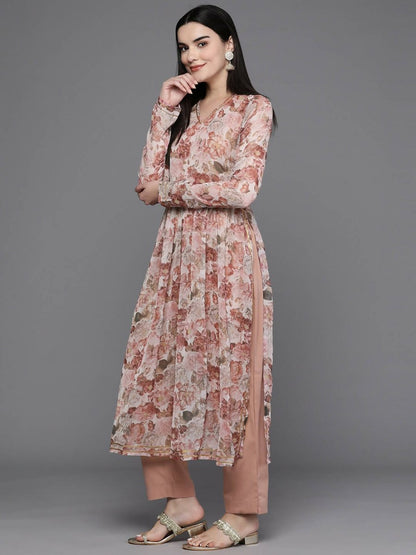 Ahalyaa Women Floral Printed Pleated Gotta Patti Kurta with Trousers - Brown Color
