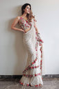 Lorenvalley Fashion White Faux Georgette Ruffle Saree with Fancy Sequence work & Blouse