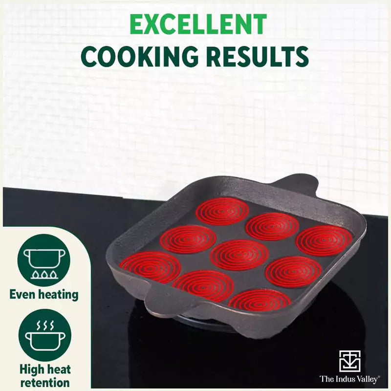 The Indus Valley 9 Pit/Cup CASTrong Cast Iron Paniyaram/Appe Pan+ Spatula, Pre-seasoned, Natural Nonstick, 100% Pure, Toxin-free, 18.2 cm, 1.34 kg