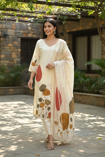 Botanical Print Kurta Set With Dupatta